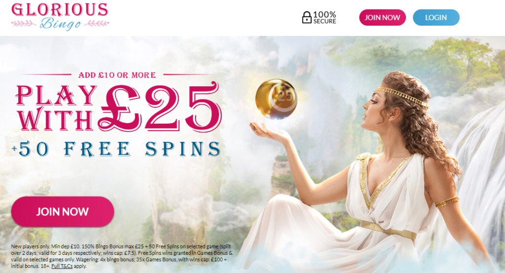 Glorious Bingo Welcome Bonus - Dep £10 play with £25 + 50 FREE SPINS