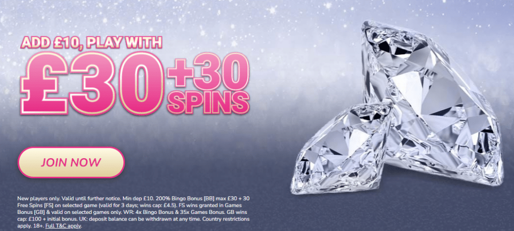 Diva Bingo Welcome Offer - Dep £10 get £30 Bingo Bonus + 30 FREE SPINS