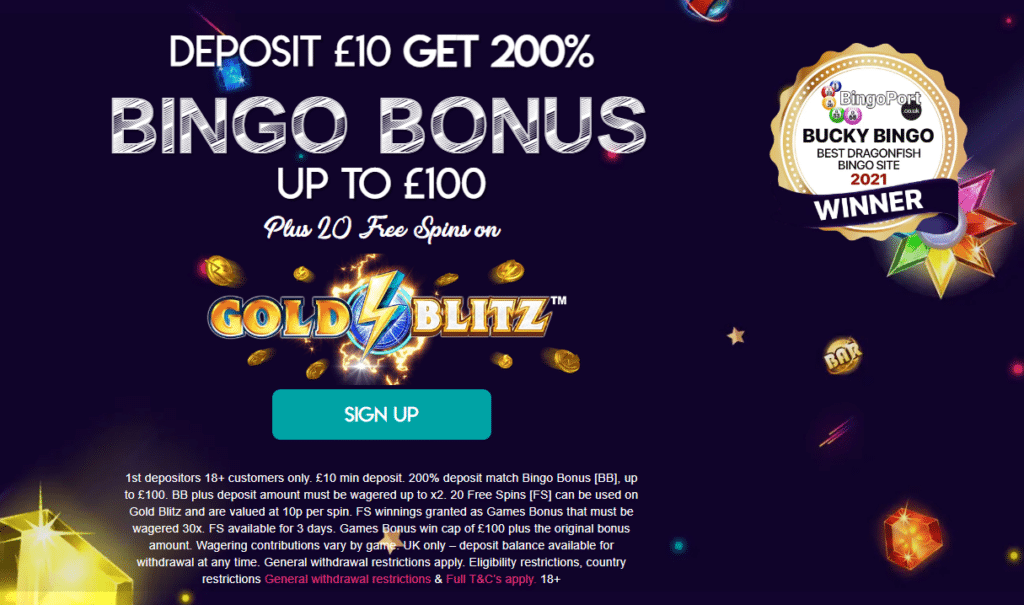 Bucky Bingo Welcome Bonus - Deposit £10 Get 200% BINGO BONUS up to £100 Plus 20 Free Spins on