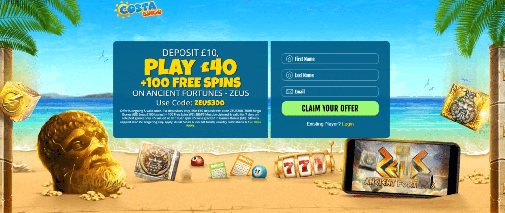 Costa Bingo Welcome Bonus - Dep £10 get £40 bingo bonus + 100 Free Spins