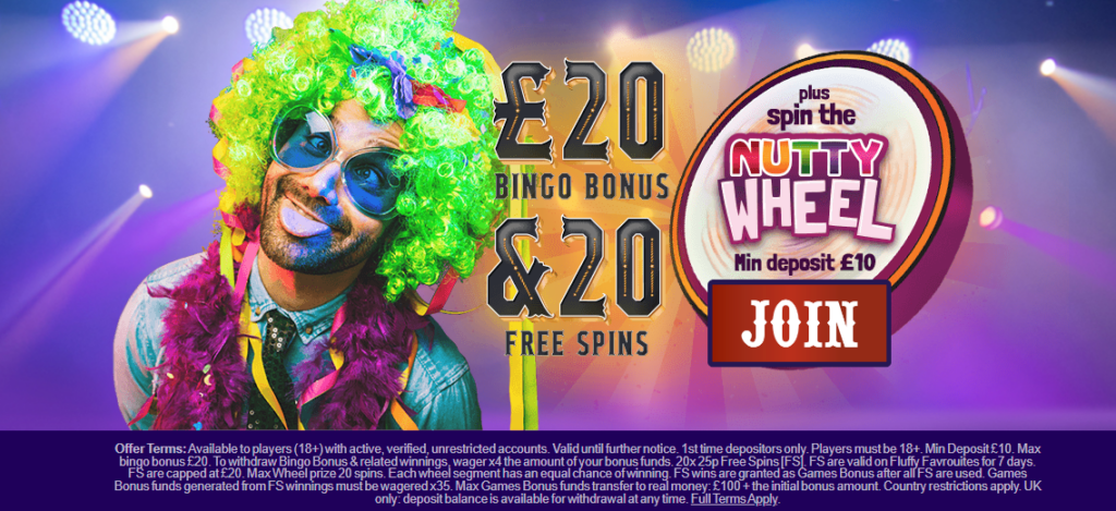 Nutty Bingo welcome Offer - Dep £10 get 20 Bingo Bonus + 20 Free Spins & Spin the Nutty Wheel