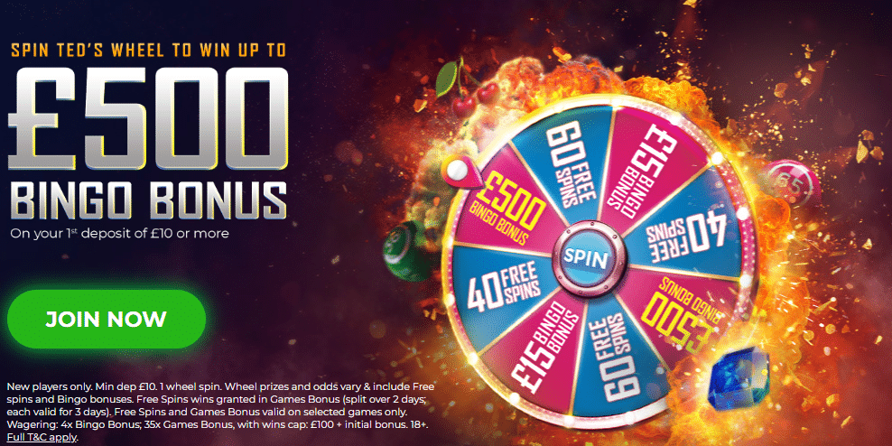 Ted's Bingo Welcome Offer - Dep £10 Win up to 500 Bingo Bonus Spinning the Ted's Wheel