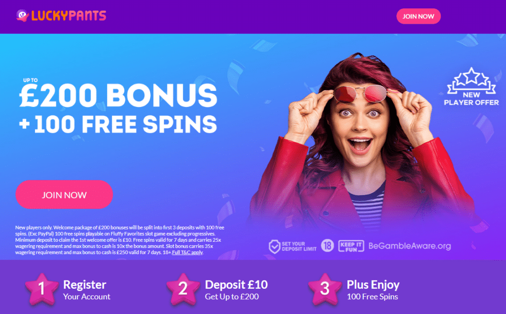 Lucky Pants Bingo welcome offer - Up to £200 Bonus + 100 FREE SPINS on First 3 Deposits