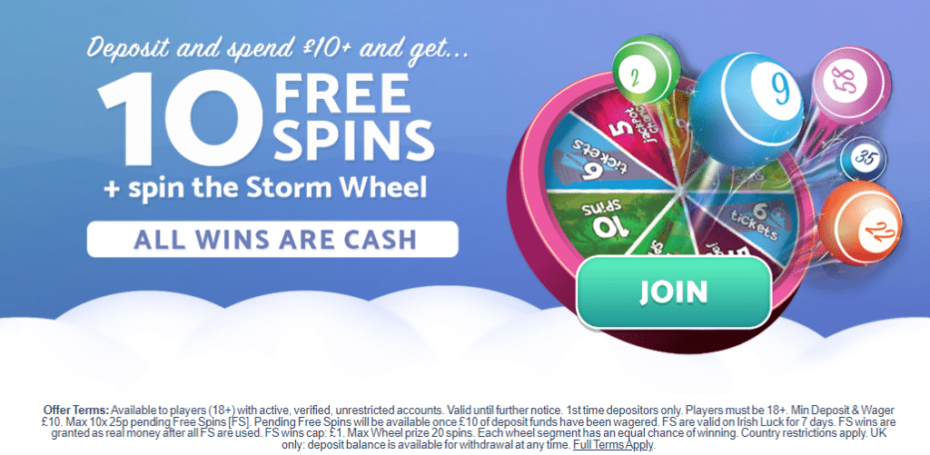 Bingo Storm Welcome Bonus - Dep £10 get 10 Free Spins + Spin the Storm Wheel